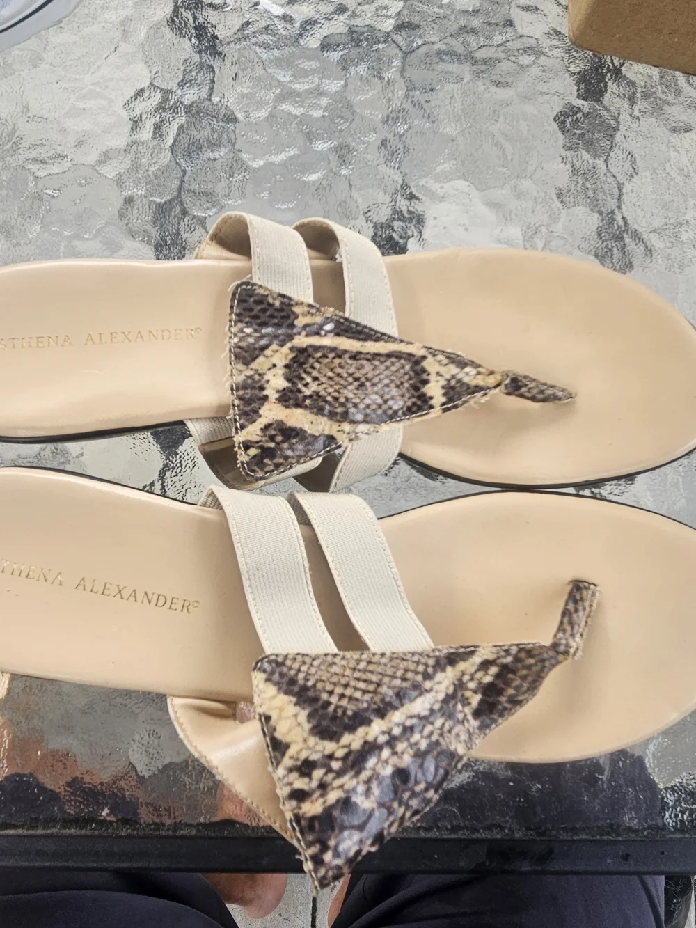Athena Alexander Beige Slide Sandals with Snake-Print Accent
